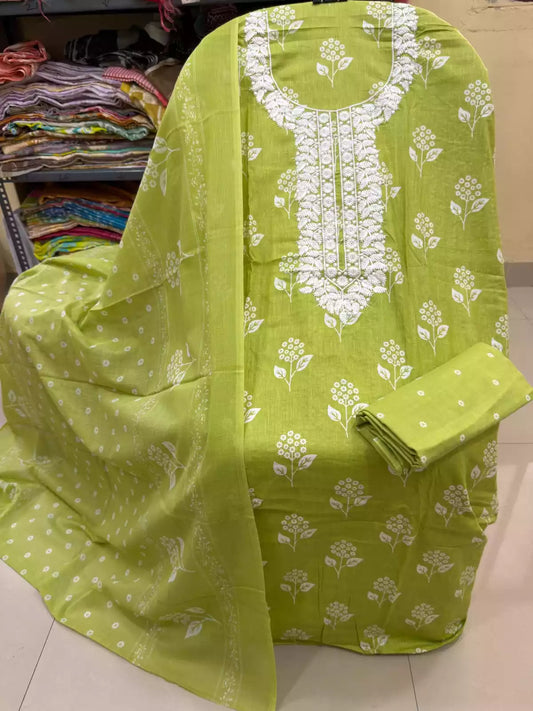Unstitched Suit with Neck Embroidery & Cotton Dupatta