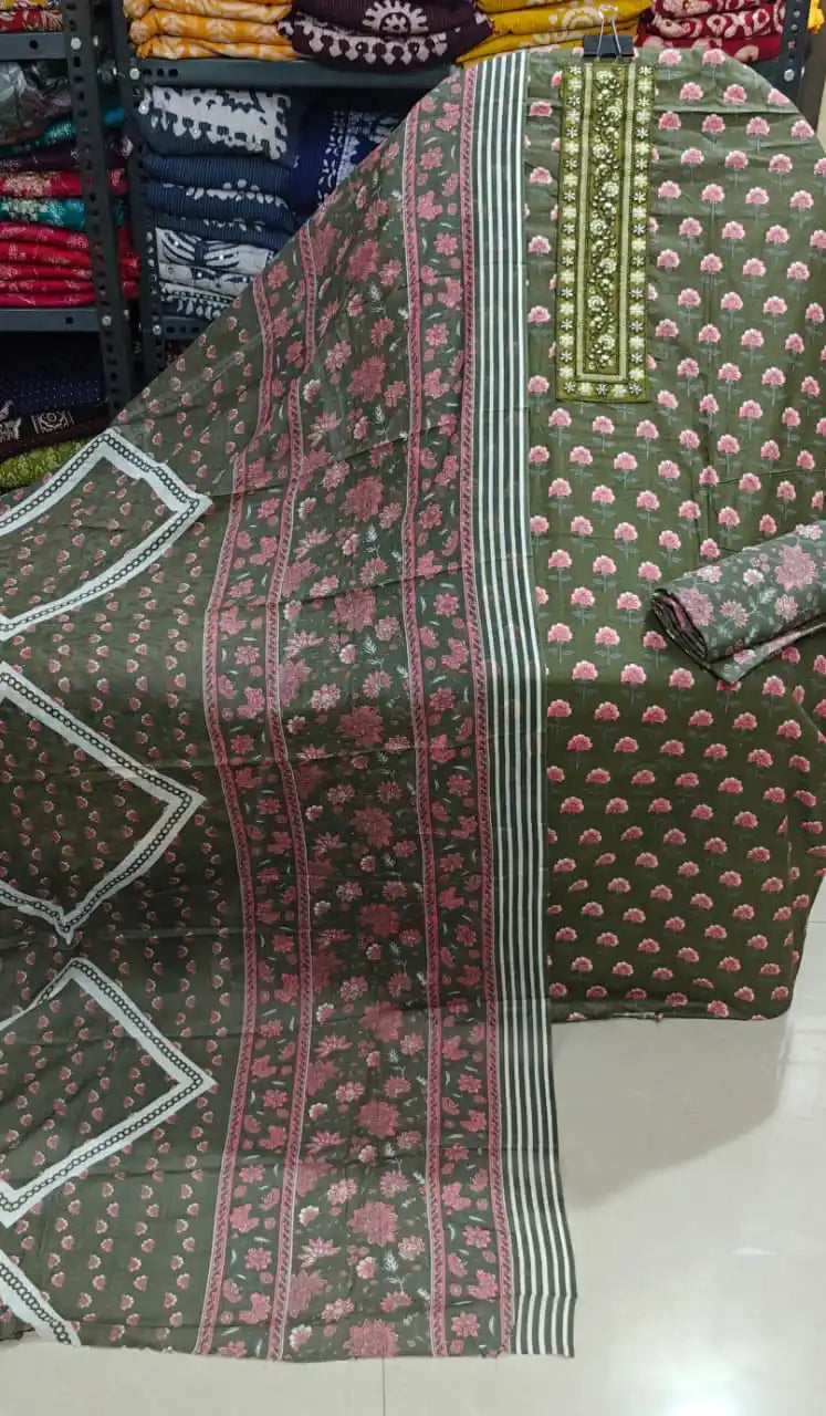 Premium olive green unstitched suit with all-over pink floral block prints.