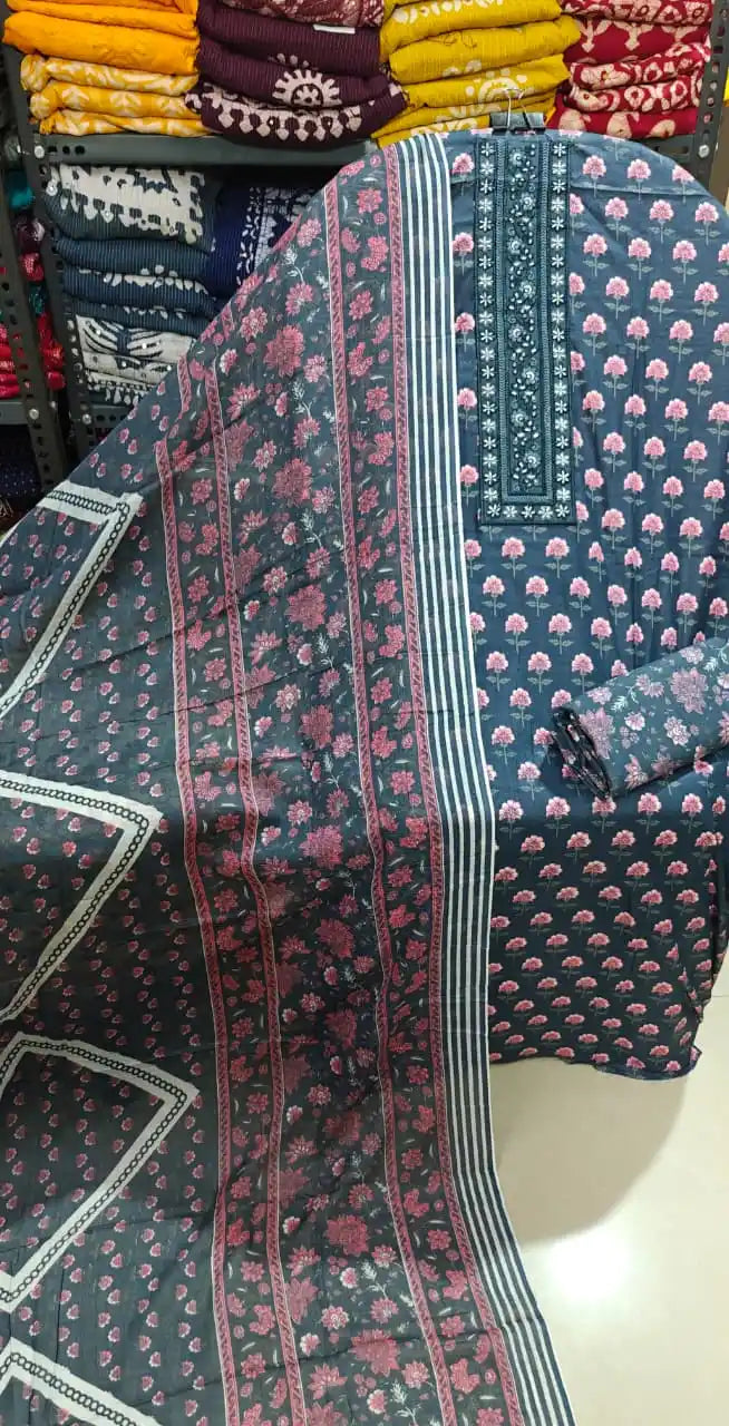 Trendy slate grey and pink unstitched salwar kameez cotton fabric.