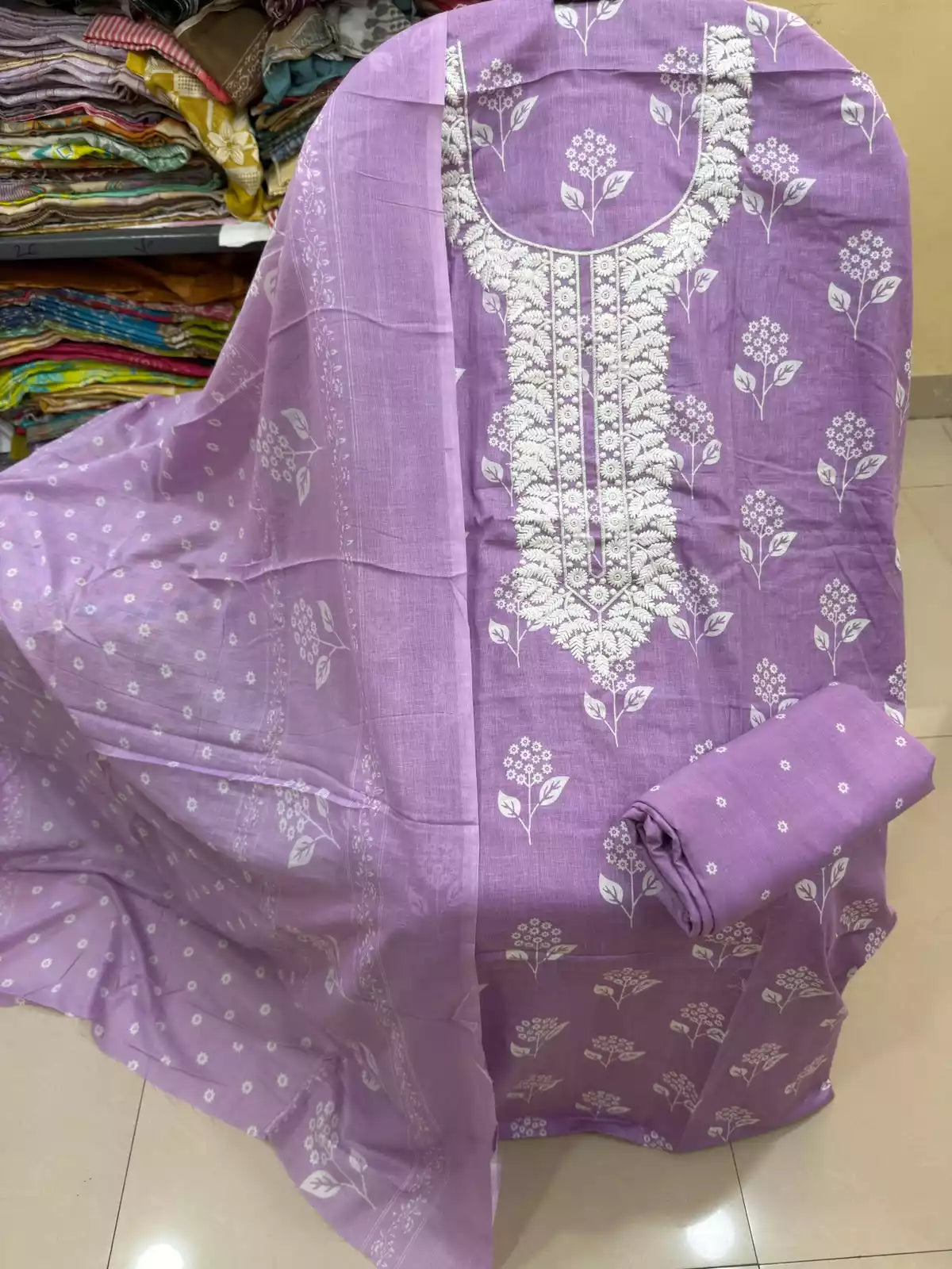 Unstitched Suit with Neck Embroidery & Cotton Dupatta
