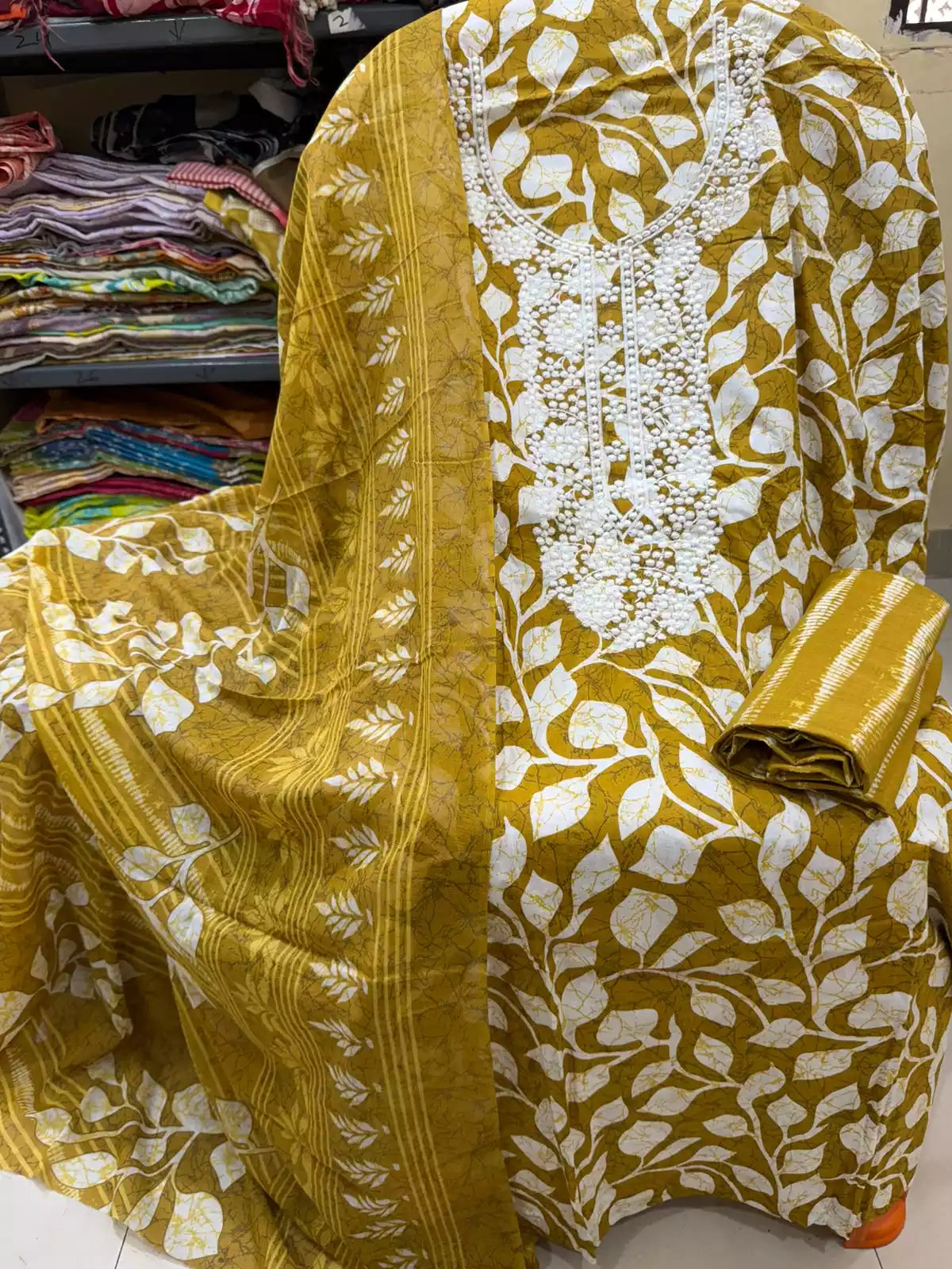 Unstitched Suit with Neck Embroidery & Cotton Dupatta