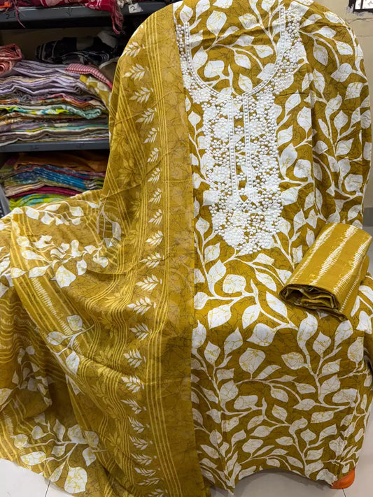 Unstitched Suit with Neck Embroidery & Cotton Dupatta