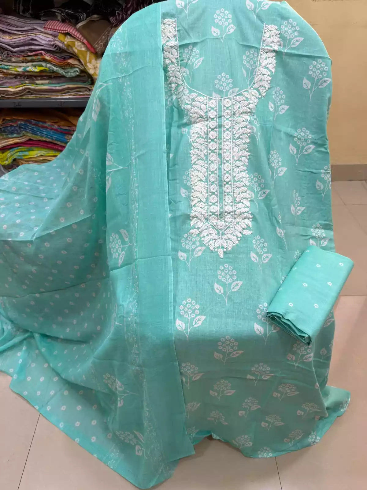 Unstitched Suit with Neck Embroidery & Cotton Dupatta