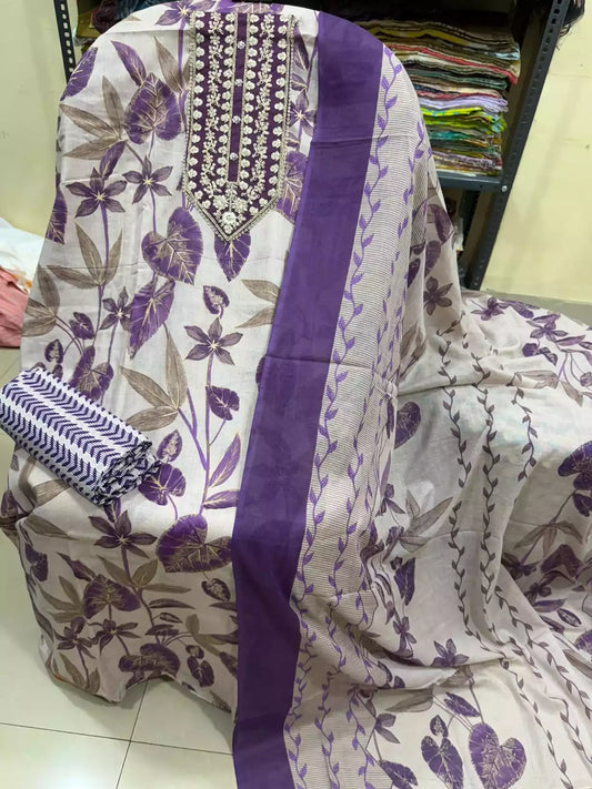 Unstitched Suit with Neck Embroidery & Cotton Dupatta