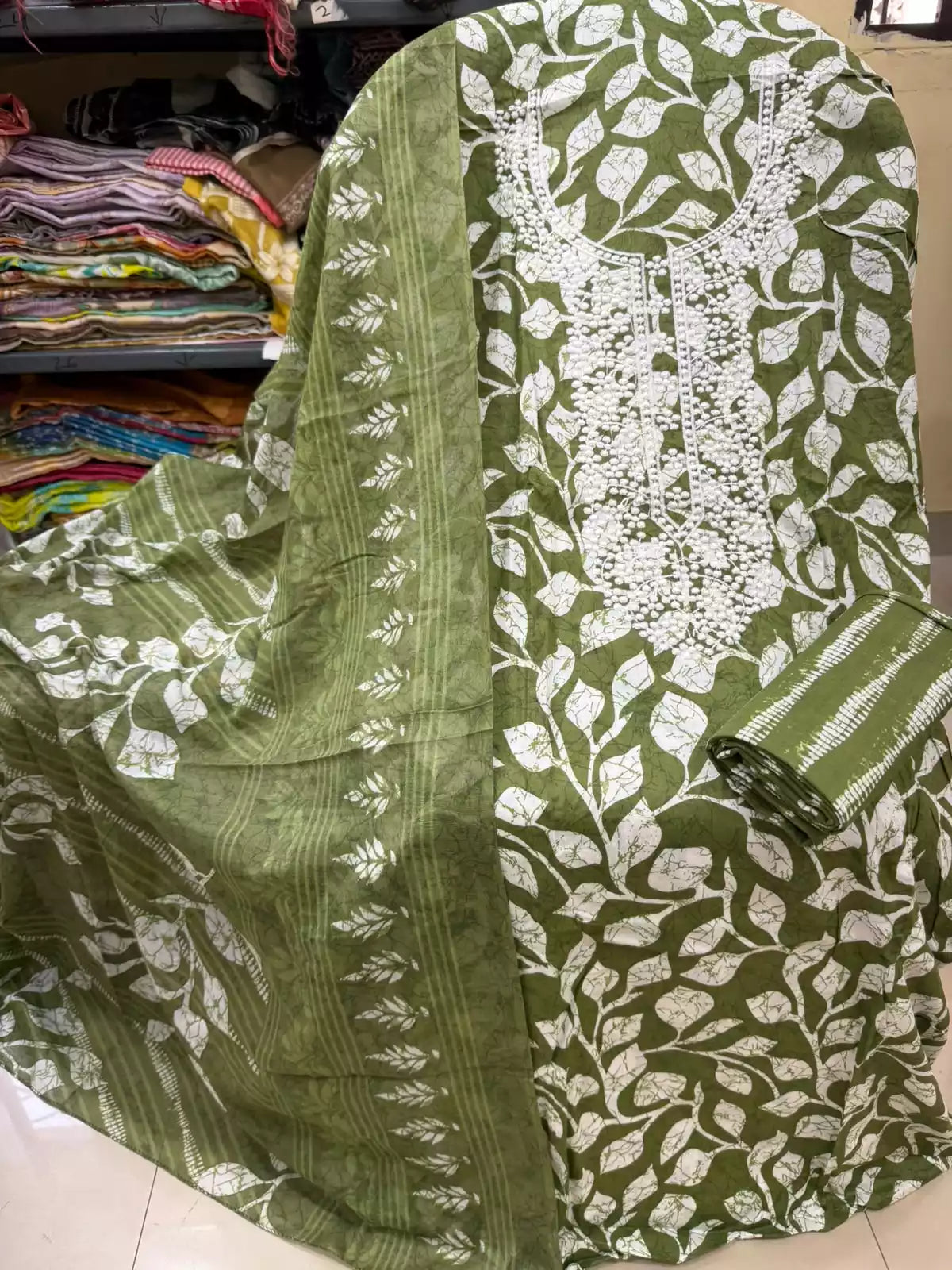 Unstitched Suit with Neck Embroidery & Cotton Dupatta