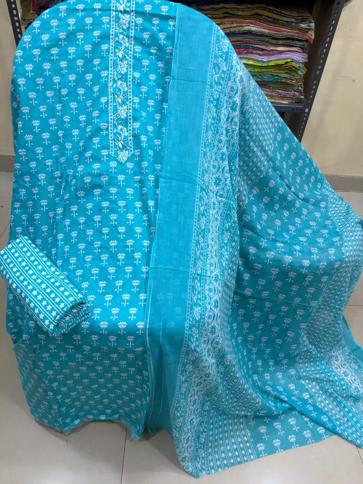 Unstitched Suit with Neck Embroidery & Cotton Dupatta