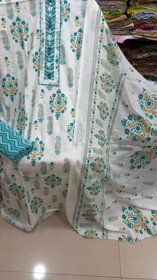 Unstitched Suit with Neck Embroidery & Cotton Dupatta