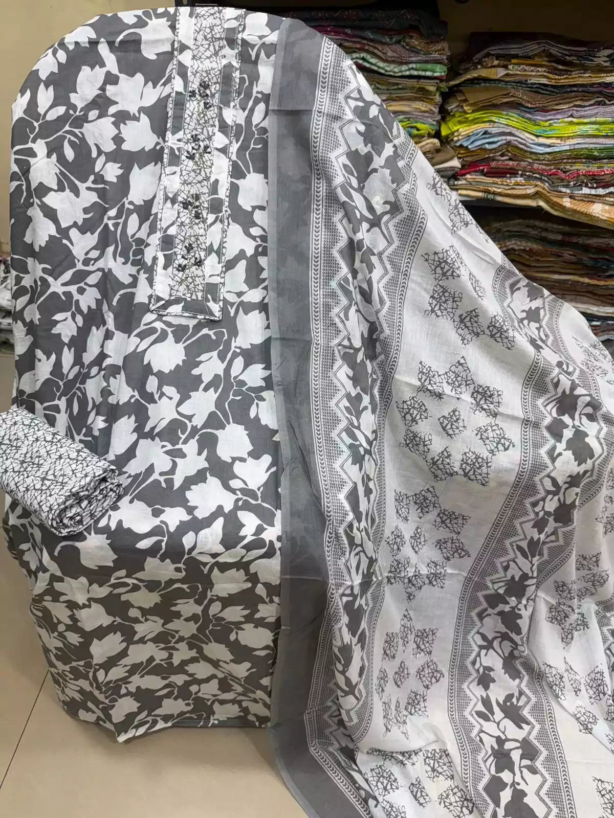 Charcoal Grey Floral Cotton Suit ASC Fashion Store