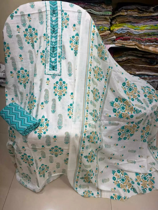 Unstitched Suit with Neck Embroidery & Cotton Dupatta