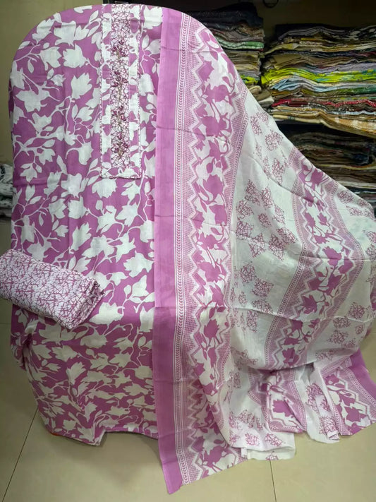 Unstitched Suit with Neck Embroidery & Cotton Dupatta