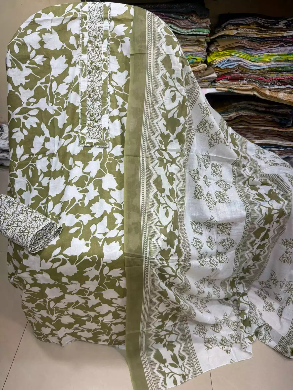 Olive Green Floral Cotton Suit ASC Fashion Store