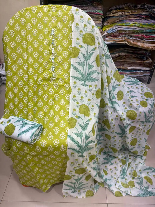 Unstitched Suit with Neck Embroidery & Cotton Dupatta