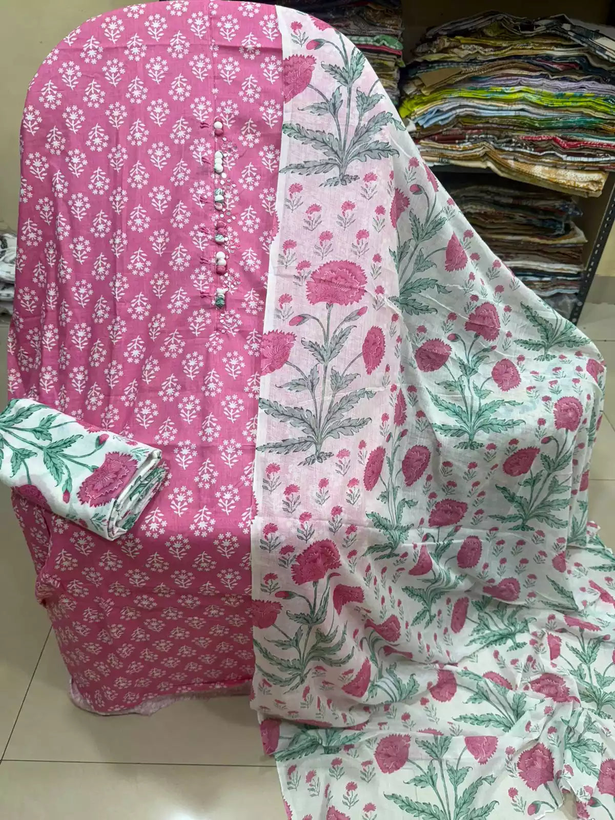Unstitched Suit with Neck Embroidery & Cotton Dupatta
