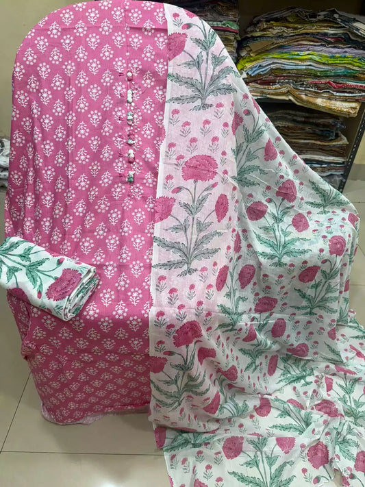 Unstitched Suit with Neck Embroidery & Cotton Dupatta