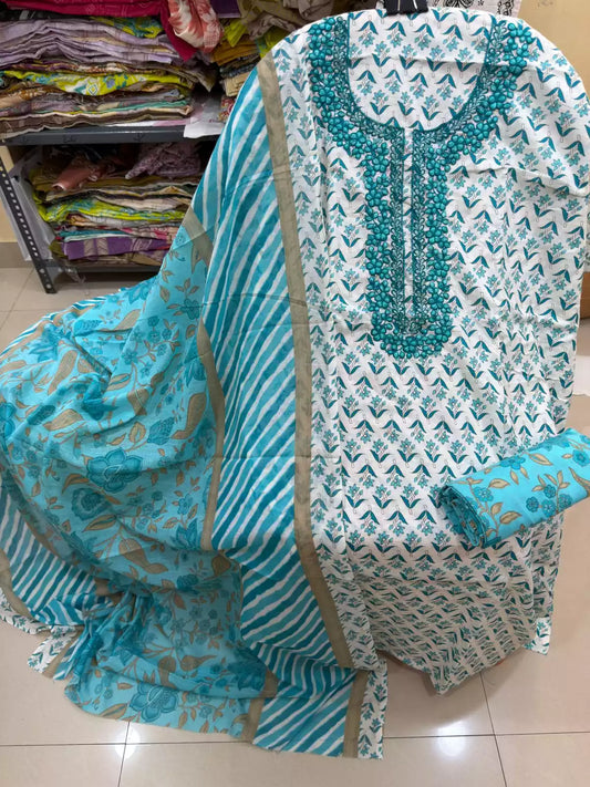 Unstitched Suit with Neck Embroidery & Cotton Dupatta