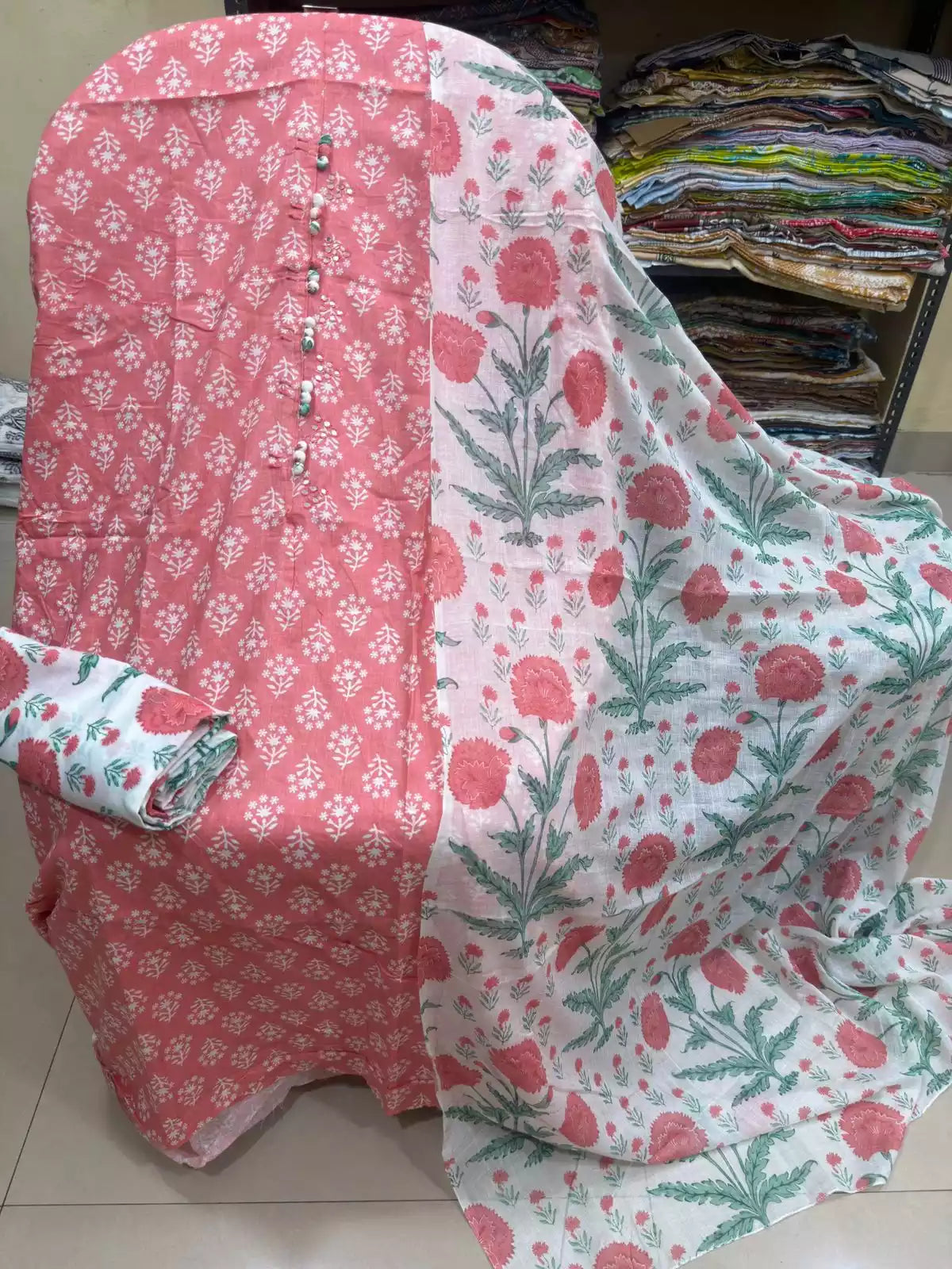 Unstitched Suit with Neck Embroidery & Cotton Dupatta