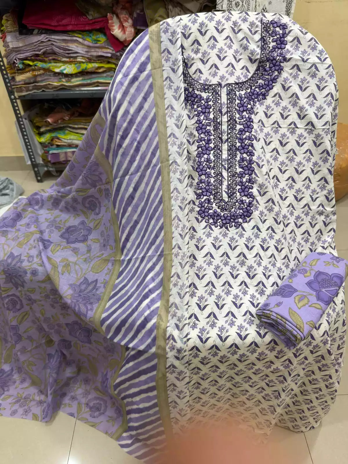 Unstitched Suit with Neck Embroidery & Cotton Dupatta