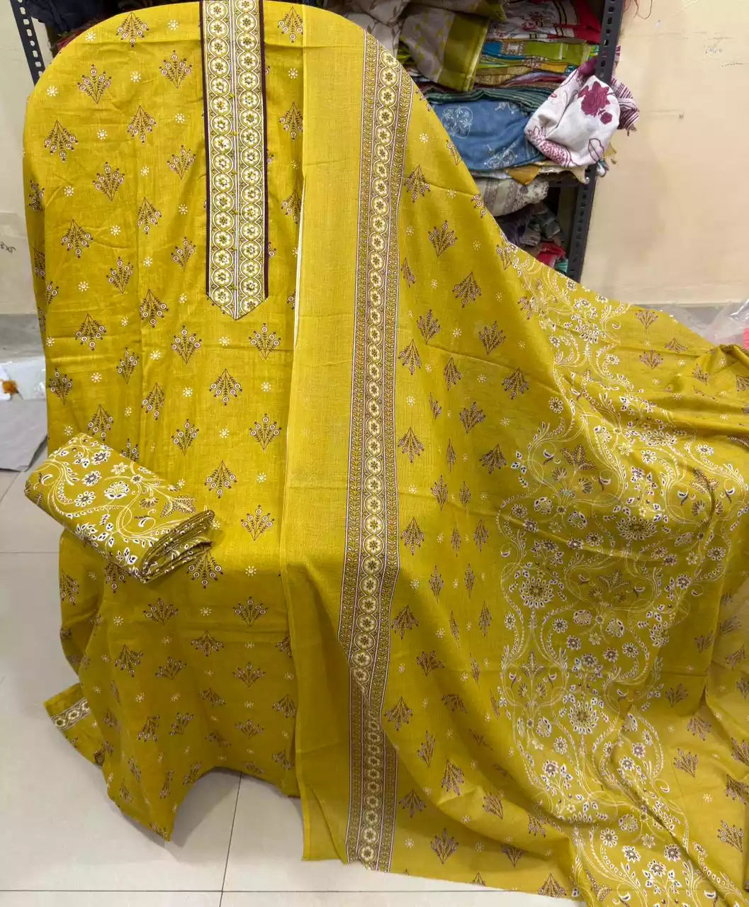 Unstitched Suit with Neck Embroidery & Cotton Dupatta