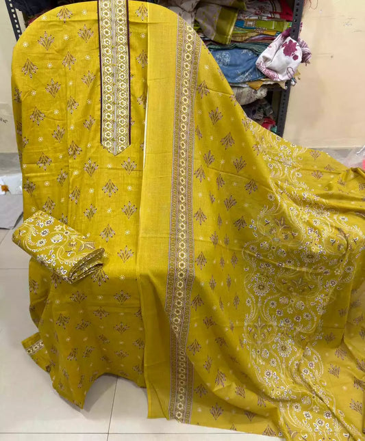 Unstitched Suit with Neck Embroidery & Cotton Dupatta