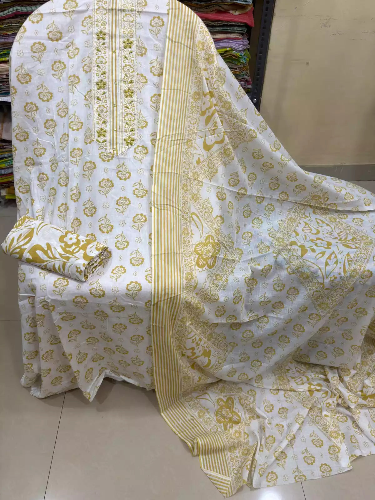 Unstitched Suit with Neck Embroidery & Cotton Dupatta