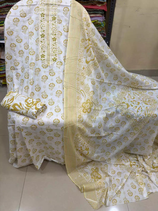 Unstitched Suit with Neck Embroidery & Cotton Dupatta