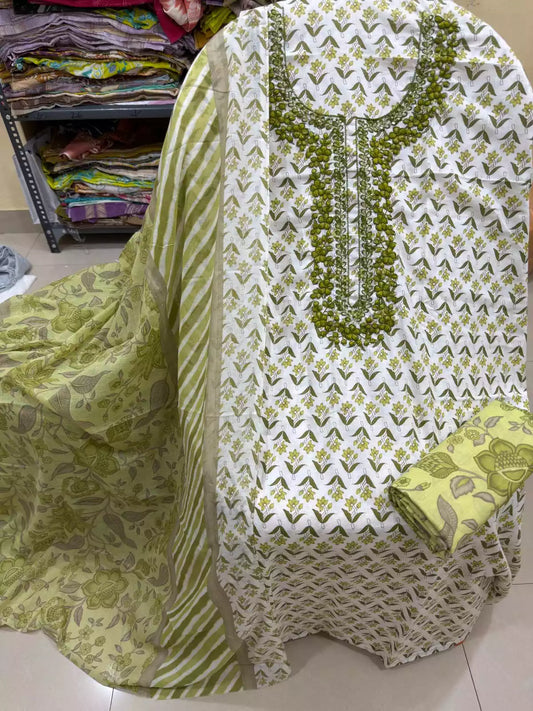 Unstitched Suit with Neck Embroidery & Cotton Dupatta