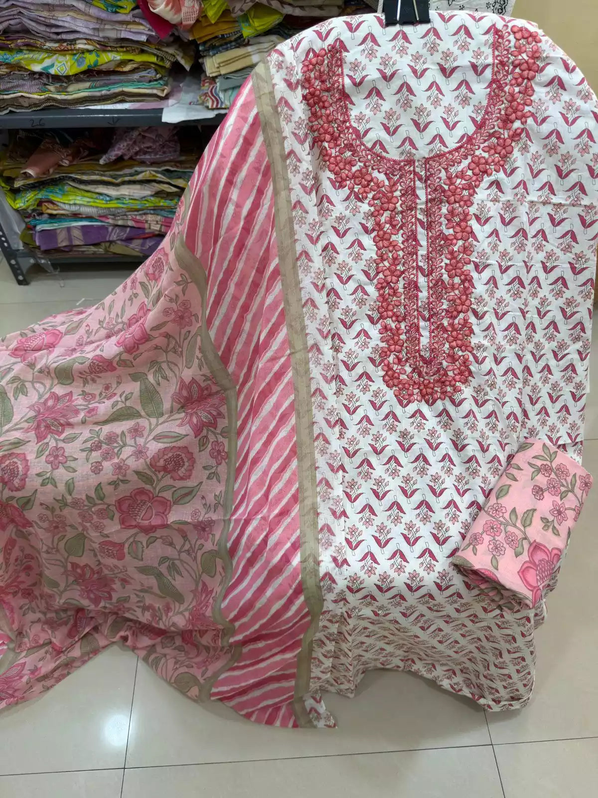 Unstitched Suit with Neck Embroidery & Cotton Dupatta