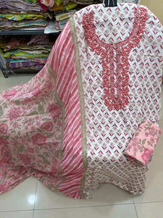 Unstitched Suit with Neck Embroidery & Cotton Dupatta