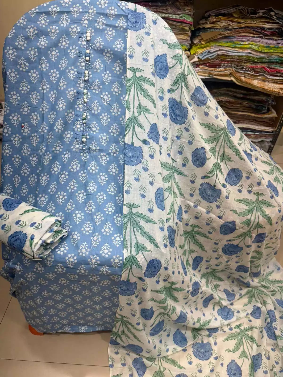 Unstitched Suit with Neck Embroidery & Cotton Dupatta