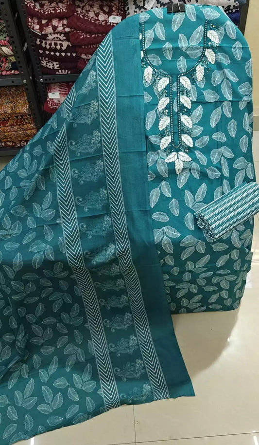 Unstitched Suit with Neck Embroidery & Cotton Dupatta