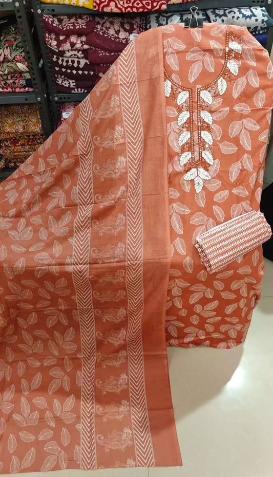 Unstitched Suit with Neck Embroidery & Cotton Dupatta