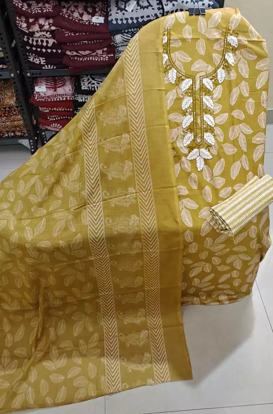 Unstitched Suit with Neck Embroidery & Cotton Dupatta