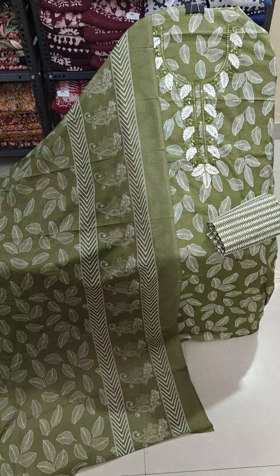 Unstitched Suit with Neck Embroidery & Cotton Dupatta