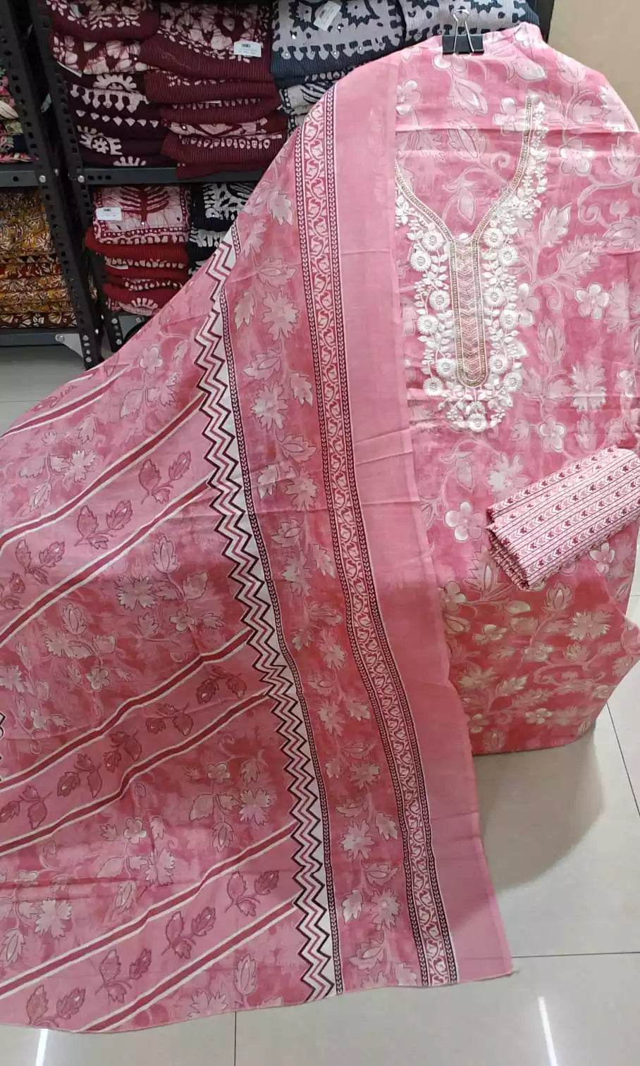 Unstitched Suit with Neck Embroidery & Cotton Dupatta