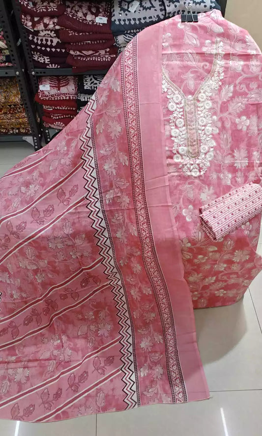 Unstitched Suit with Neck Embroidery & Cotton Dupatta