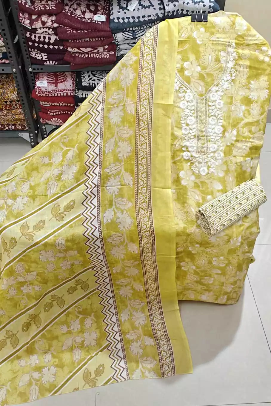 Unstitched Suit with Neck Embroidery & Cotton Dupatta