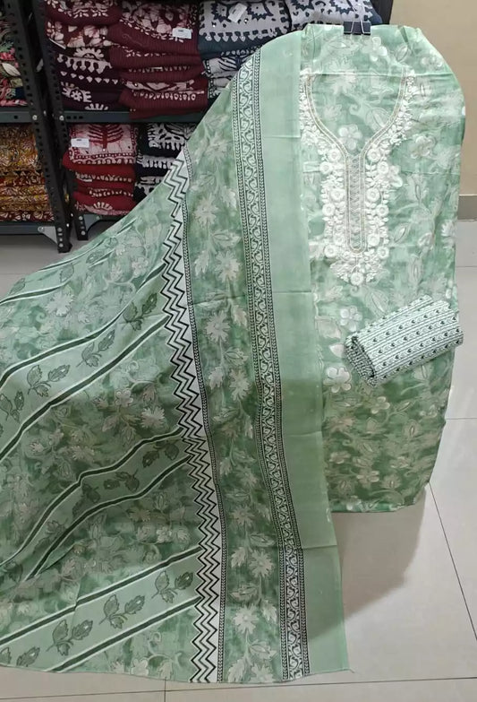 Unstitched Suit with Neck Embroidery & Cotton Dupatta