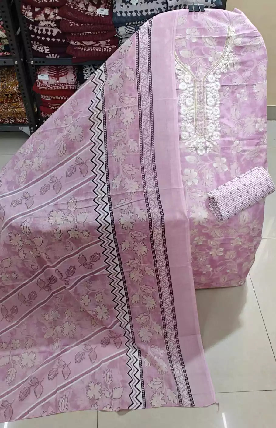 Unstitched Suit with Neck Embroidery & Cotton Dupatta