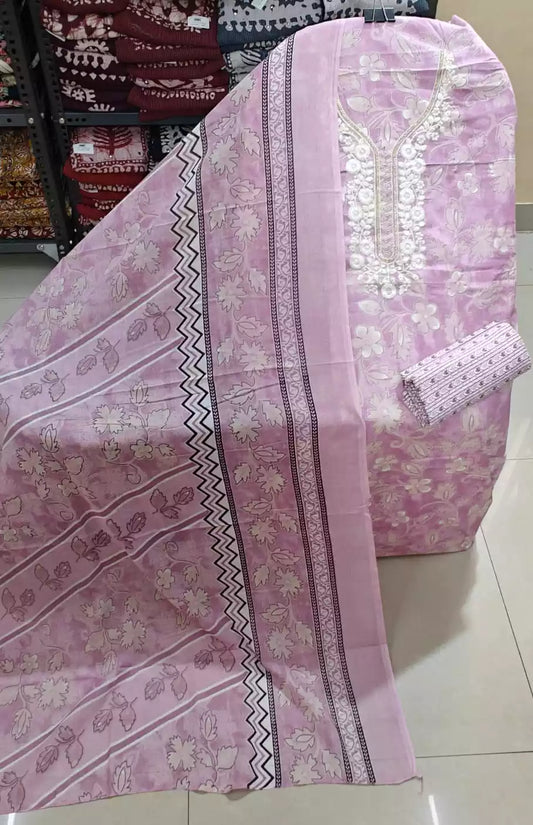 Unstitched Suit with Neck Embroidery & Cotton Dupatta