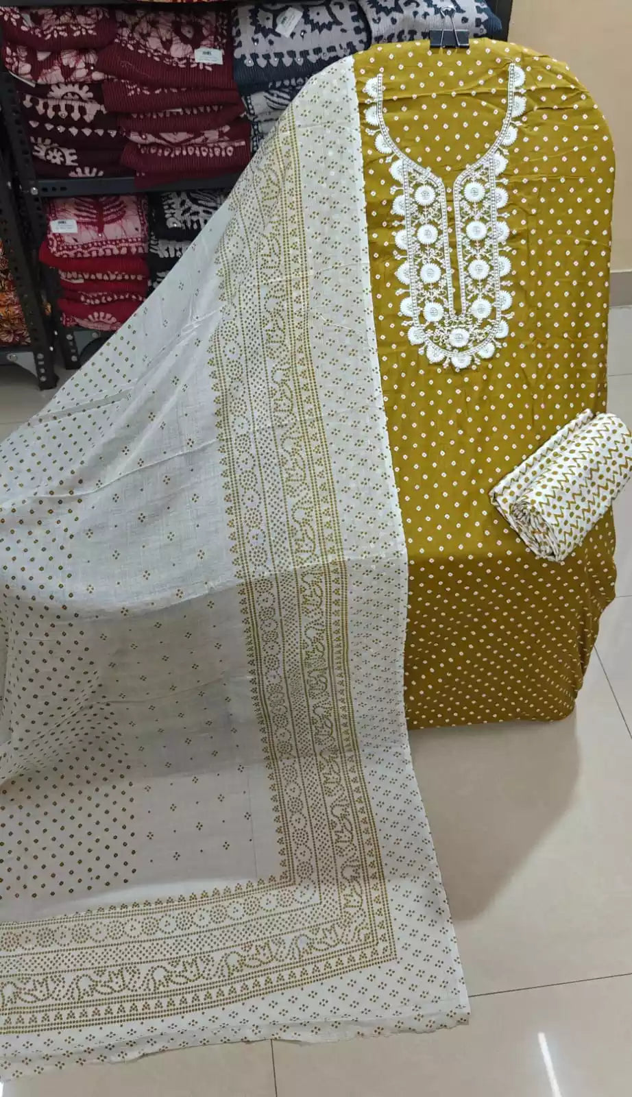 Unstitched Suit with Neck Embroidery & Cotton Dupatta