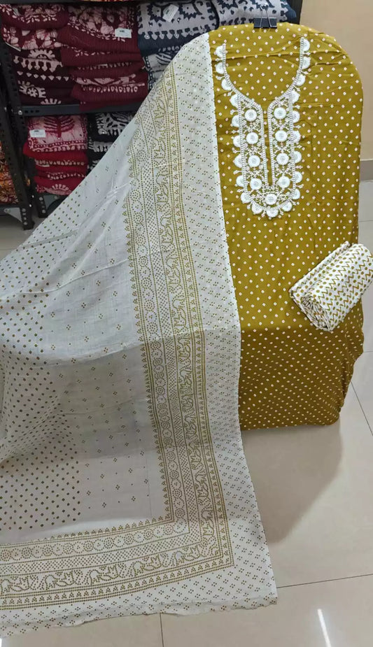Unstitched Suit with Neck Embroidery & Cotton Dupatta