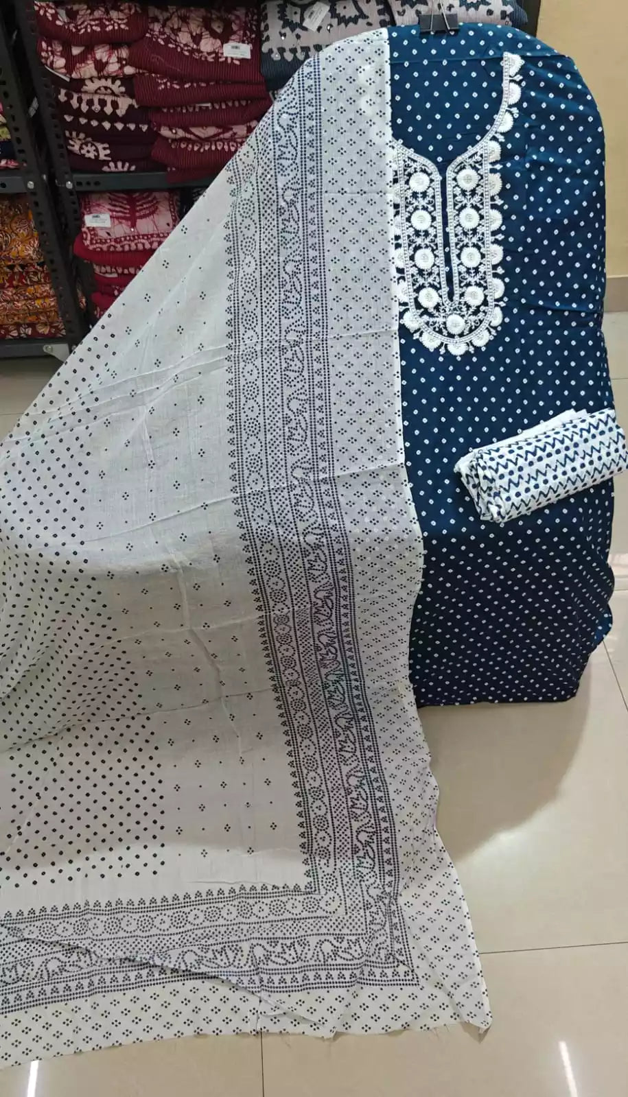 Unstitched Suit with Neck Embroidery & Cotton Dupatta