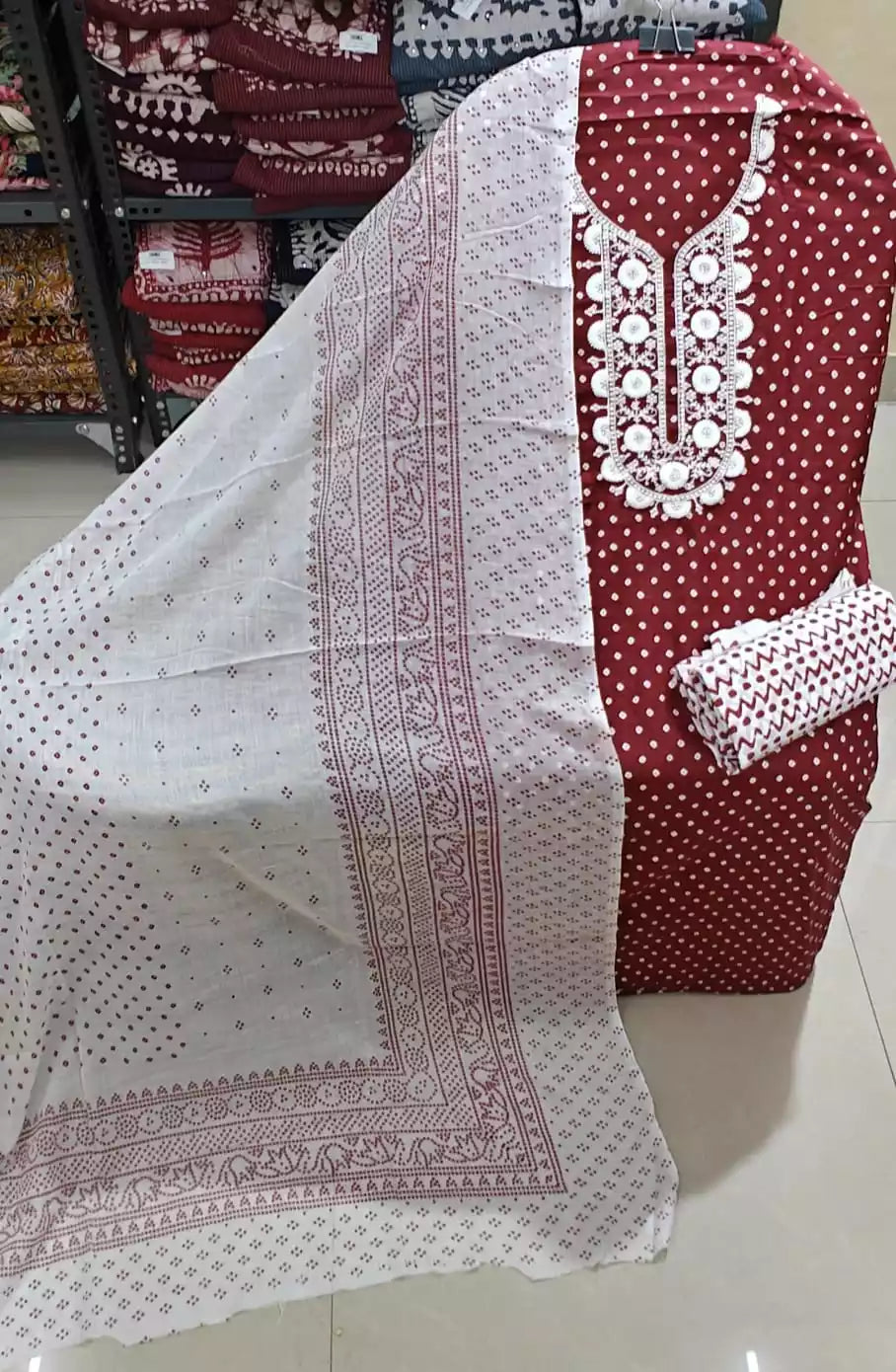 Unstitched Suit with Neck Embroidery & Cotton Dupatta