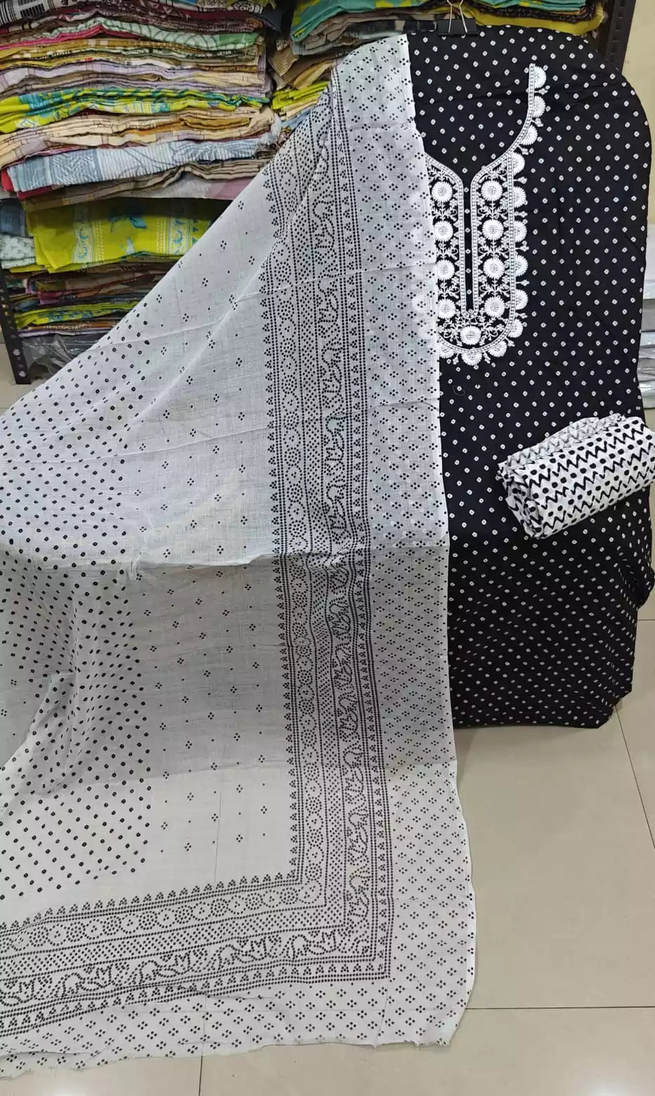 Unstitched Suit with Neck Embroidery & Cotton Dupatta