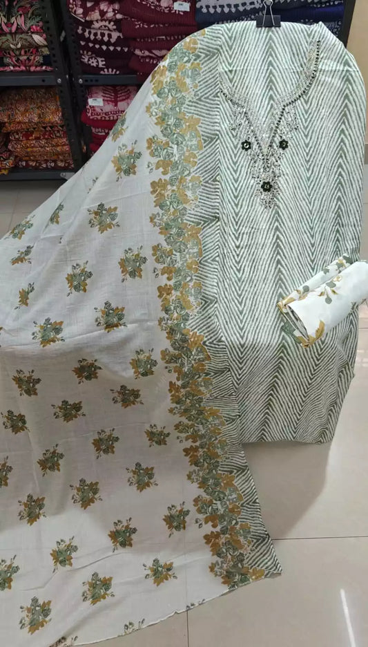 Unstitched Suit with Neck Embroidery & Cotton Dupatta