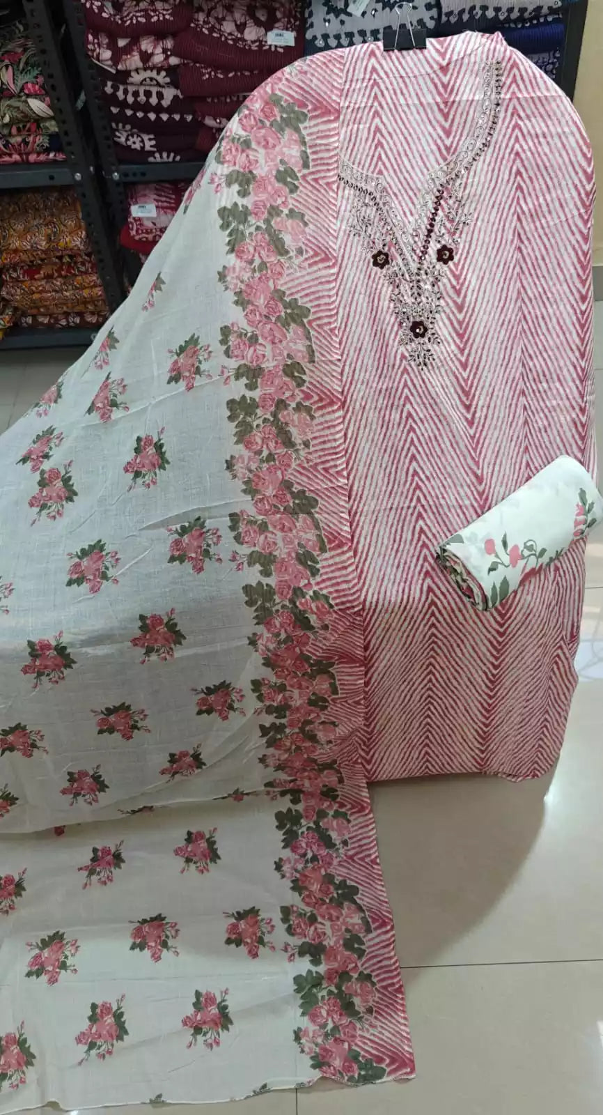 Unstitched Suit with Neck Embroidery & Cotton Dupatta