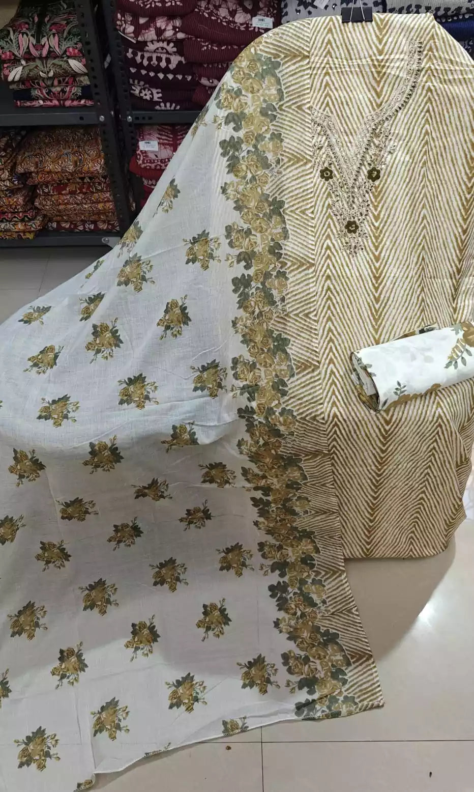Unstitched Suit with Neck Embroidery & Cotton Dupatta