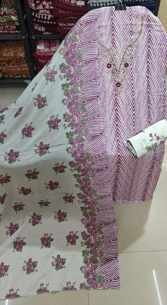 Unstitched Suit with Neck Embroidery & Cotton Dupatta