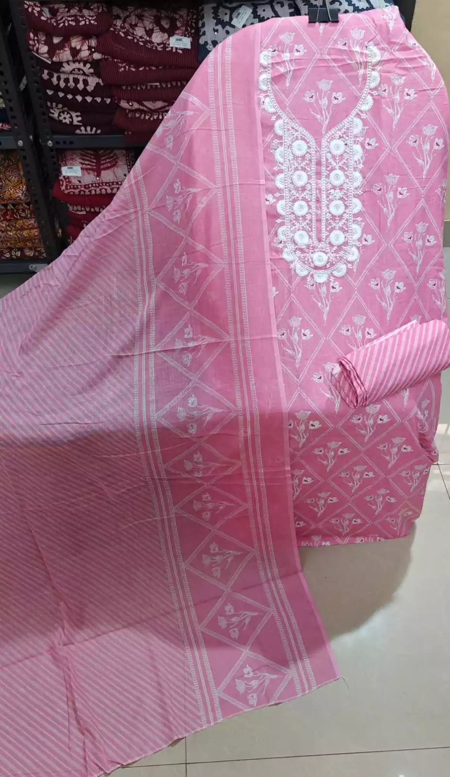 Unstitched Suit with Neck Embroidery & Cotton Dupatta