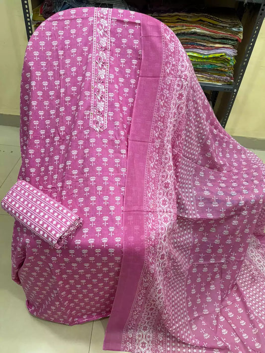 Unstitched Suit with Neck Embroidery & Cotton Dupatta